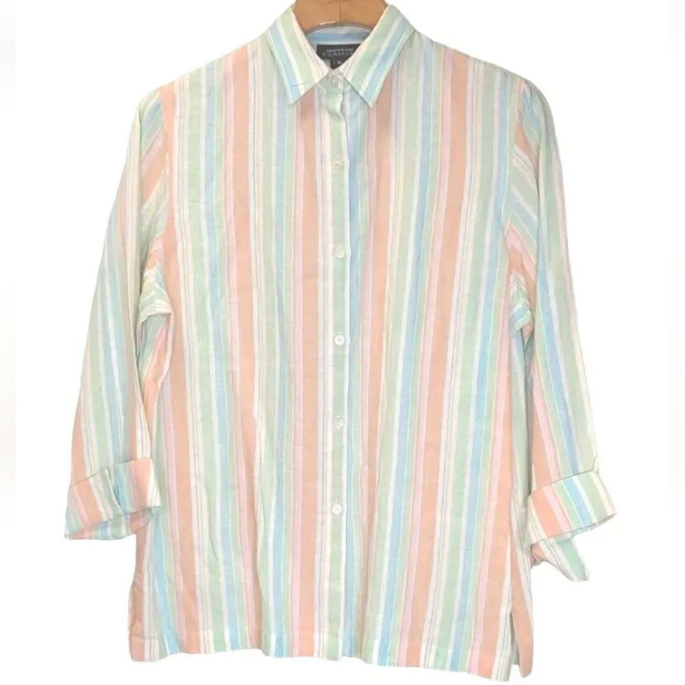 Jones NY Shirt 100% Linen Pastel Rainbow Striped Button Woven Woman Sz XL